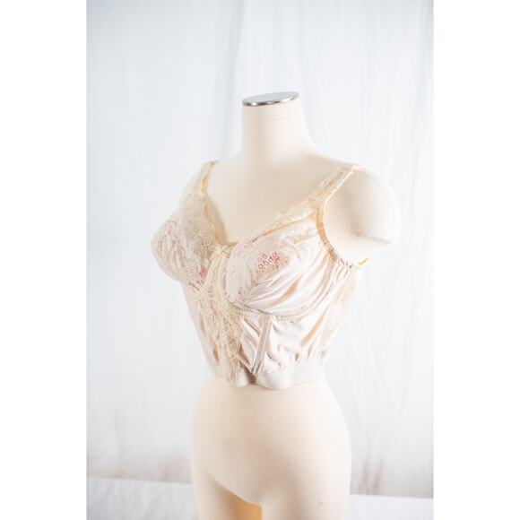 Vintage Va Bien Beige Lace Longline Bra, Silky Nylon Lingerie, 42B Retro Pinup - Picture 1 of 13